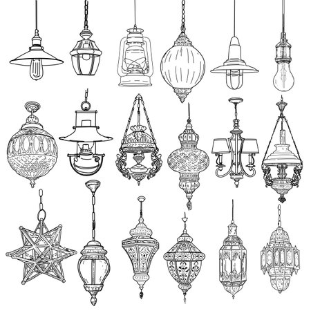 Vintage lamp drawing set, vector illustrationのイラスト素材
