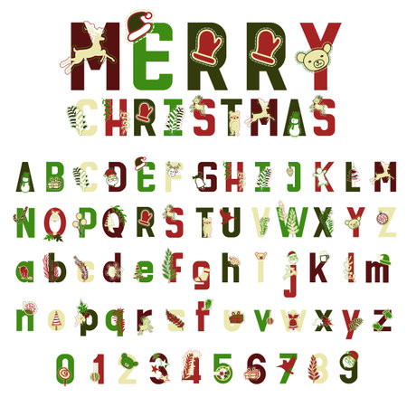 Christmas alphabet vector, ornament-adorned letters for holiday decorating and celebration, vector illustration.のイラスト素材