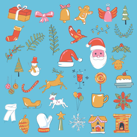 Christmas collection of decorative winter doodle elements, vector illustration.のイラスト素材