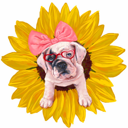 The French Bulldog, wearing a pink headband and glasses, emerges from a yellow-blooming sunflower. digital paintingの写真素材