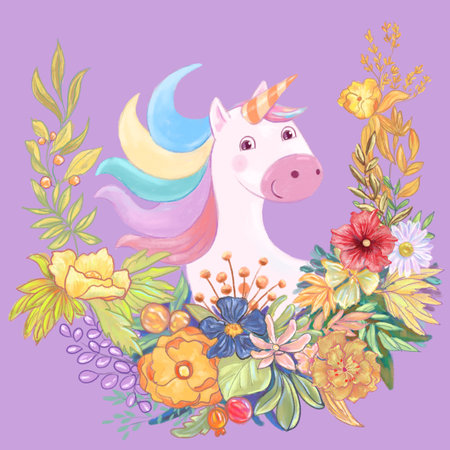Cute unicorn with bunch of colorful flowers on pink background, digital painting.の写真素材