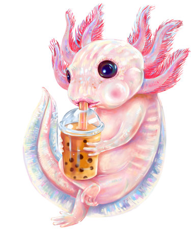 Funny Axolotl Boba Tea Bubble Milk For Exotic Pet Lover, digital painting.の写真素材