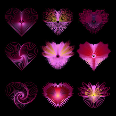 Gradient line art heart shape set isolated on black.の写真素材