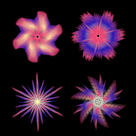 3D geometric gradient flower, decoration element. Digital colored flower on black background. Concept of futuristic art and modern technologies, vector ullustration.の写真素材