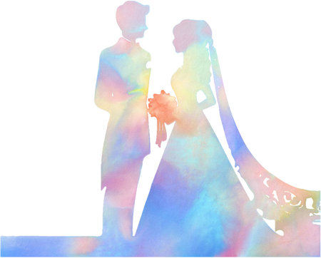 Silhouette of a bride and groom on a white background.の写真素材