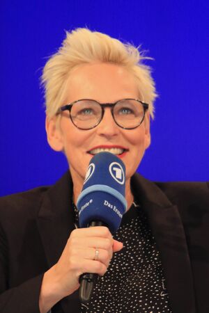 Frankfurt, Germany October 14, 2017: BÃ¤rbel SchÃ¤fer (born 16 December 1963 in Bremen) a German television presenter and talk show host, at the Book Fair in Frankfurtのeditorial素材