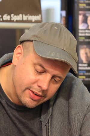 Frankfurt, Germany October 14, 2017: Ralph Ruthe (born May 20, 1972 in Bielefeld) a German cartoonist, cartoonist, author and musician, at the Book Fair in Frankfurtのeditorial素材