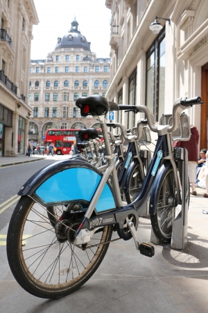 Row of bicycles for hire in the city of london, sponsored by barclays bankのeditorial素材