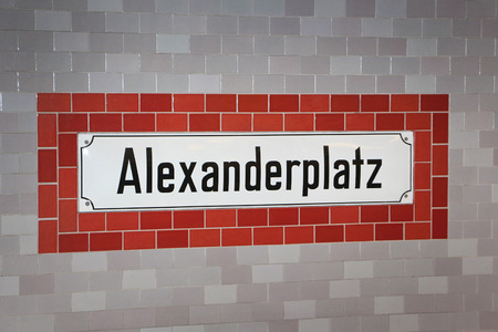BERLIN, GERMANY - AUGUST 14: Alexanderplatz underground sign August 14, 2014 in Berlin, Germanyのeditorial素材
