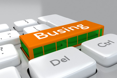 3D render illustration of busing key on a metal white keyboardの写真素材