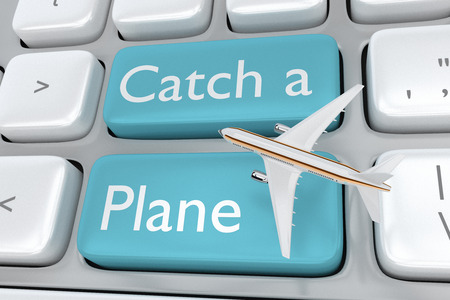 Render illustration of computer keyboard with the print Catch a Plane on two adjacent pale blue...