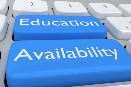 Render illustration of computer keyboard withthe print Education Availability on a pale blue button