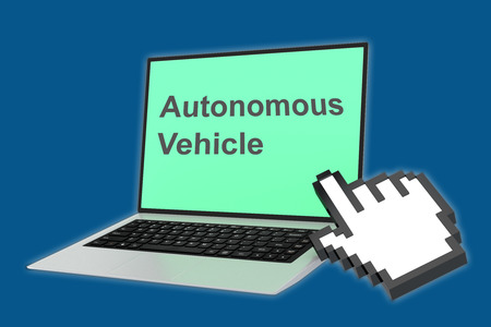 Render illustration of Autonomous Vehicle concept with pointing hand icon pointing at the laptop...
