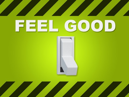 3D illustration of FEEL GOOD title above an electric switch on green wall