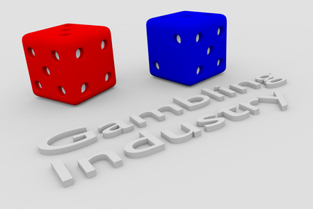 3D illustration of "Gambling Industry" title written in embossed letters, with two dice.の写真素材