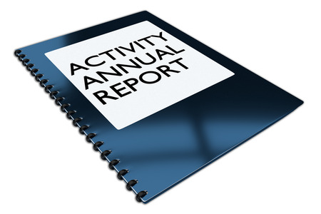 3D illustration of "ACTIVITY ANNUAL REPORT" script on a book, isolated on white.の写真素材