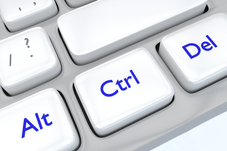 3D illustration of computer keyboard with the print "Alt Ctrl Del" on three adjacent buttons, each item on a different button.の写真素材