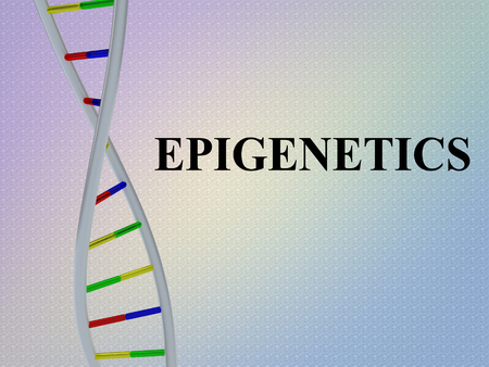 3D illustration of EPIGENETICS script with DNA double helix , isolated on colored pattern.