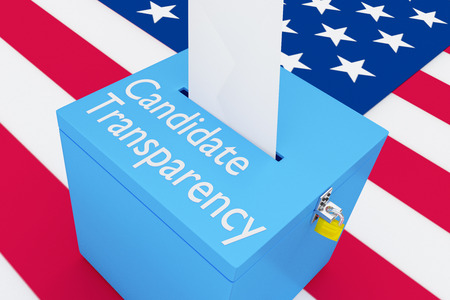 3D illustration of "Candidate Transparency" script on a ballot box, with US flag as a background.の写真素材