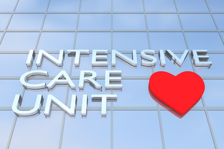 3D illustration of a building with the script "INTENSIVE CARE UNIT" along with heart iconの写真素材