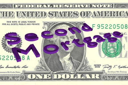 3D illustration of Second Mortgage title on One Dollar bill as a background
