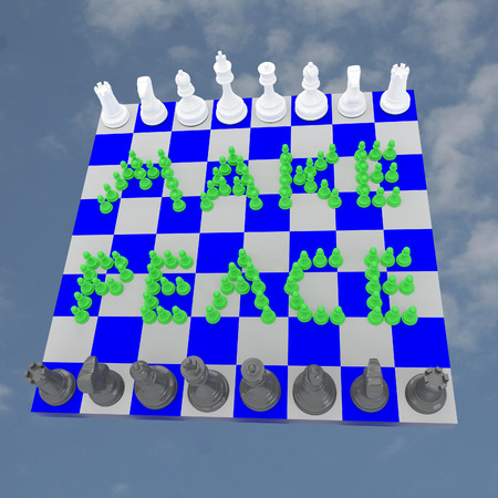 Render illustration of "MAKE PEACE" title formed by green chess pawns, placed on a check board with cloudy sky as a background.の写真素材