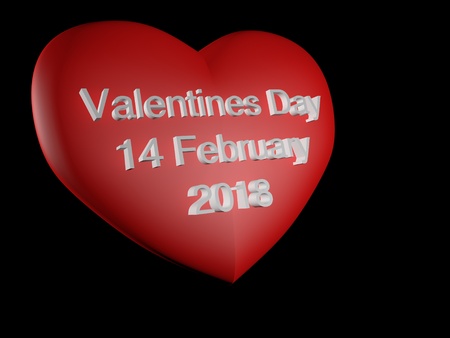3d render illustration of valentines heart with 14 February 2018 date