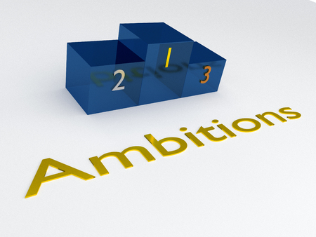 3D illustration of AMBITIONS title with a podium as a backgroundの写真素材