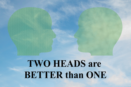 Render illustration of TWO HEADS are BETTER than ONE title under two head silhouettes, with cloudy...