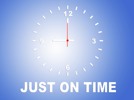 3D illustration of JUST ON TIME title with a clock and blue gradient as a background