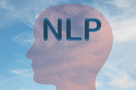 Render illustration of NLP title on head silhouette, with cloudy sky as a background.の写真素材