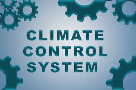 CLIMATE CONTROL SYSTEM sign concept illustration with blue gear wheel figures on pale blue gradiennt backgroundの写真素材