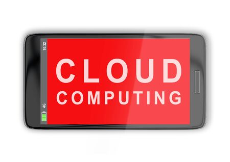 3D illustration of CLOUD COMPUTING title on cellular screen, isolated on white.の写真素材