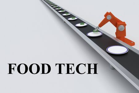 3D illustration of industial robotic arm placing food on a white plates, along with FOOD TECH title.の写真素材