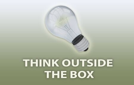 3D illustration of light bulb, and a THINK OUTSIDE THE BOX title below, on a green gradient...