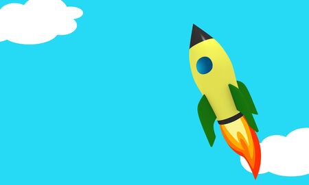 Rocket boost in the sky concept with 3d illustration render of comic style rocket over skies and clouds with copyspace for titleの写真素材