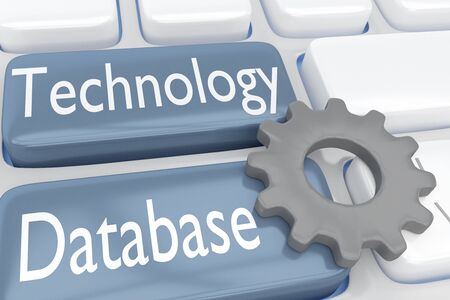 3D illustration of computer keyboard with the script Technology Database on two buttons, and a gear over these butons.の写真素材