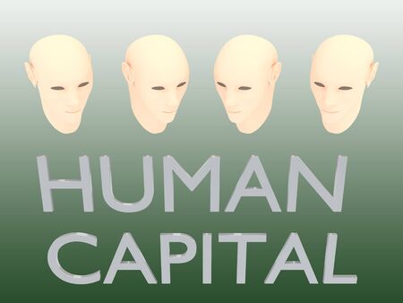 3D illustration of 4 heads with HUMAN CAPITAL title, isolated over green gradientの写真素材