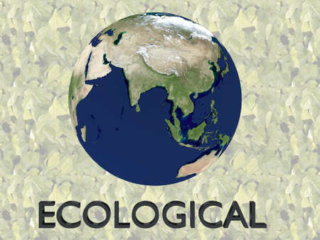 3D illustration of ECOLOGICAL script , under a 3D model of the world.の写真素材