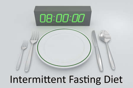 3D illustration of digital clock and white plate, along with silver knif and fork, and an Intermittent Fasting Diet title below, islolated over a grey background.の写真素材