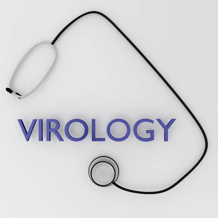 3D illustration of VIROLOGY script with stethoscope, isolated over pale gray background.の写真素材