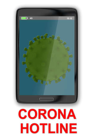 3D illustration of a corona particle on cellular screen along with the script CORONA HOTLINE, isolated on white.の写真素材