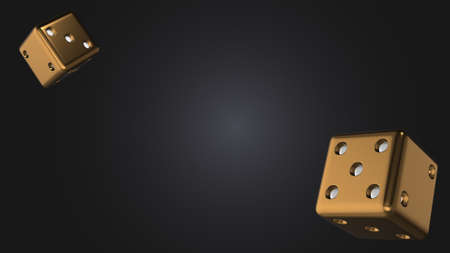 Golden dice fly on abstract dark space animation. Luck concept. 3d render illustration.の写真素材