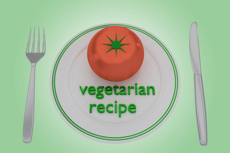 3D illustration of tomato and vegetarian recipe title on a white plate, along with silver knif and fork, on a green gradient as a background.の写真素材