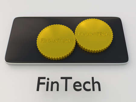 3D illustration of two golden coins on the screen of a cellulr phone with the print FinTech,...
