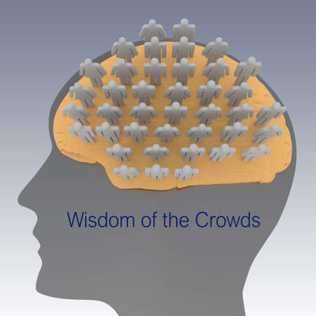 3D illustration of Wisdom of the Crowds script in a human head silhouette with a multitude of men...