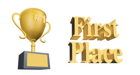 3D illustration of golden gavel and first place titleの写真素材