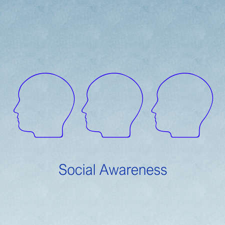 3D illustration of Social Awareness script below three human head silhouettes.の写真素材