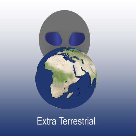 3D illustration of Extra Terrestrial script, under a 3D model an alient head, isolated over a blue...