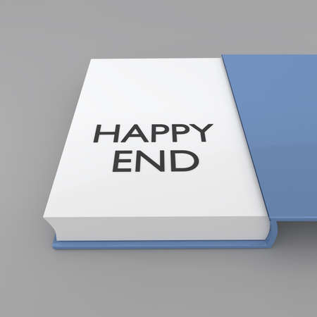 3D illustration of HAPPY END script on a the last page of a book